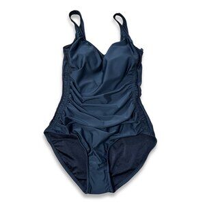 Maxine of Hollywood Black Shirred Tummy Control One Piece Swimsuit Size 12